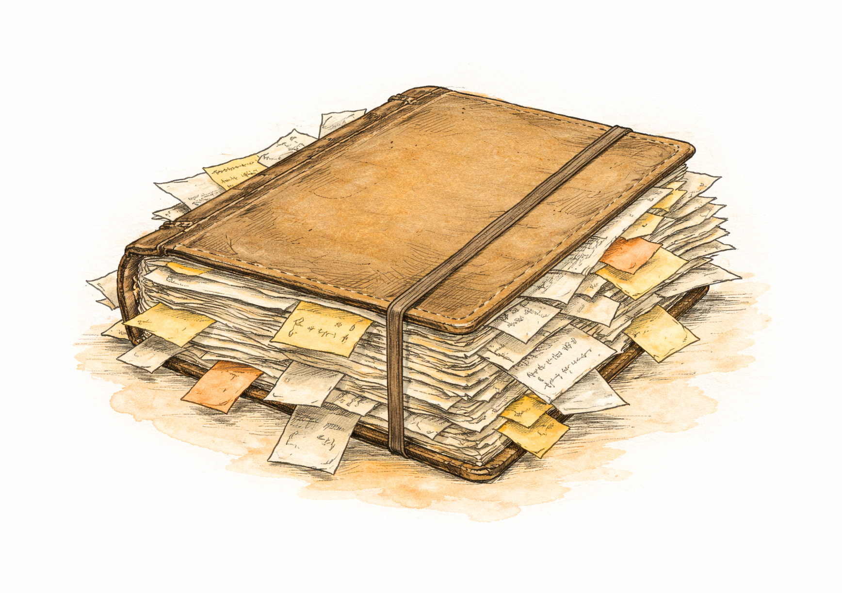 Ilustracja przedstawia zamknięty, grubą książkę, notes przewiązany gumką, wypełniony licznymi kartkami i kolorowymi notatkami wystającymi spomiędzy stron.