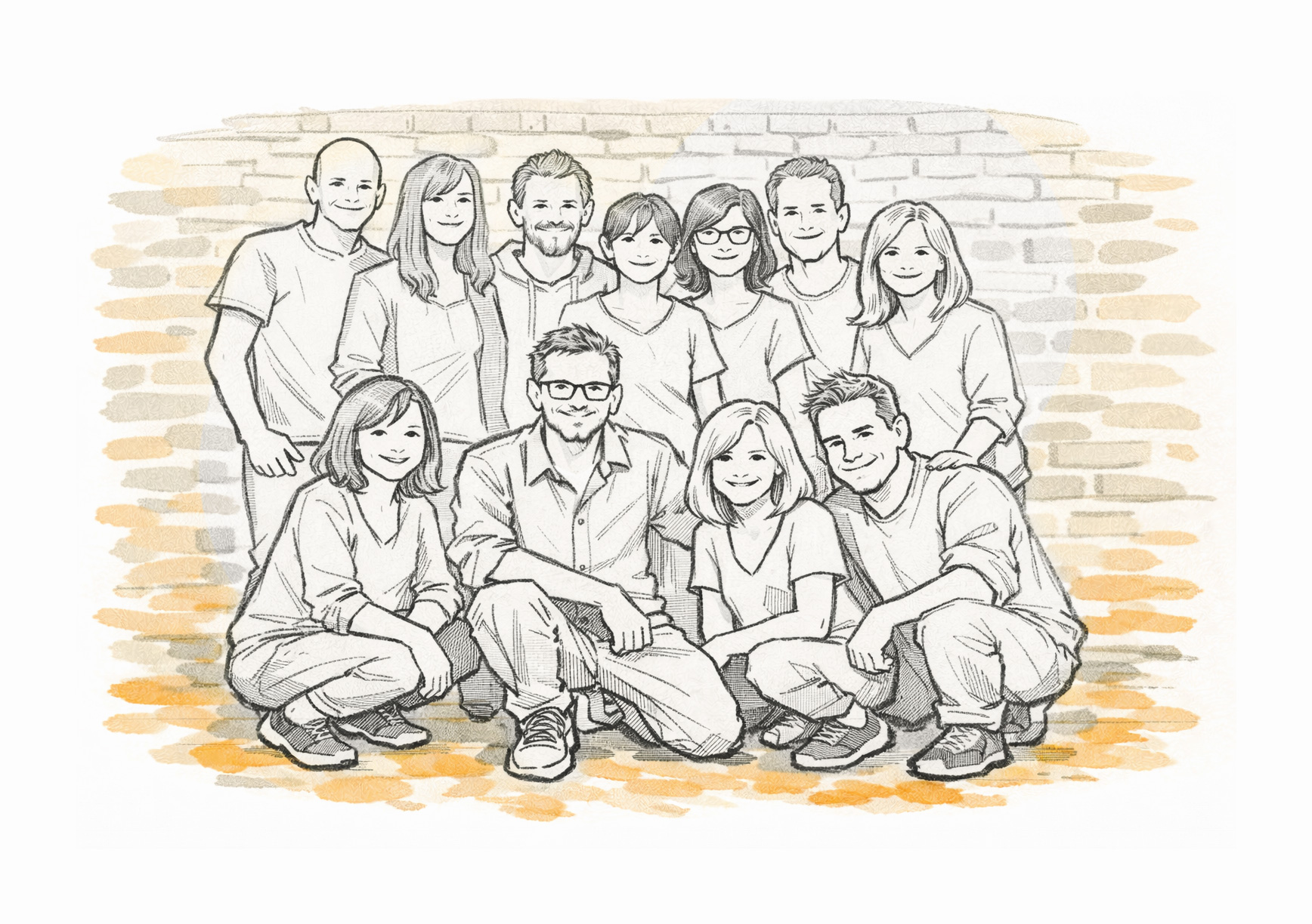 Szkic przedstawia grupę uśmiechniętych osób pozujących wspólnie do zdjęcia na tle ceglanej ściany, część siedzi z przodu, a część stoi za nimi.