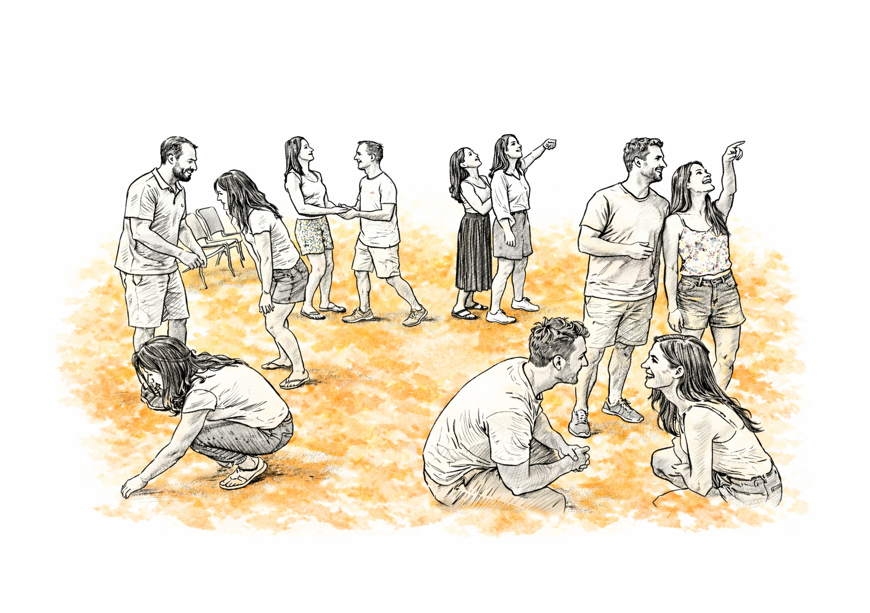 Szkic przedstawia kilka par osób w sali warsztatowej wykonujących różne ćwiczenia improwizacyjne – część rozmawia i gestykuluje, inne siedzą lub kucają naprzeciw siebie, angażując się w sceniczne zadania.